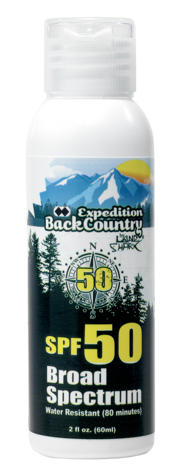 Expedition BackCountry® by Land Shark® sunscreen UVA UVB Broad Spectrum Protection. Fragrance Free SPF Lotion. Sun protection. Sun Care. SPF 50. Dermatologist Tested. Oxybenzone Free. Octinoxate Free.