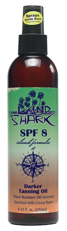 UVB Protection. Water resistant sunscreen. Land Shark tanning oil. sun care. SPF 8 oil. sun protection. sunscreen tanning oil. darker tanning. 