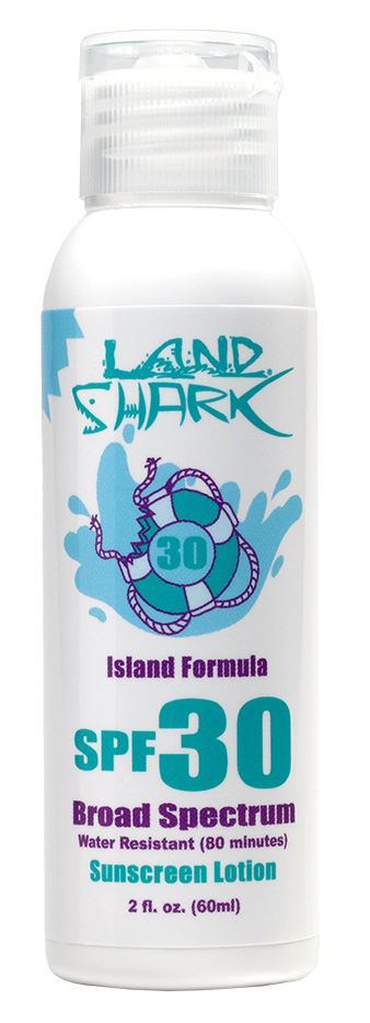 Land Shark® sunscreen UVA UVB Broad Spectrum Protection. Fragrance Free SPF Lotion. Sun protection. Sun Care. SPF 30. Dermatologist Tested. Oxybenzone Free. Octinoxate Free.