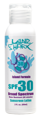 Land Shark® sunscreen UVA UVB Broad Spectrum Protection. Fragrance Free SPF Lotion. Sun protection. Sun Care. SPF 30. Dermatologist Tested. Oxybenzone Free. Octinoxate Free.