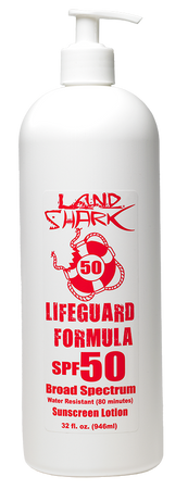 Land Shark® sunscreen UVA UVB Broad Spectrum Protection. Fragrance Free SPF Lotion. Sun protection. Sun Care. SPF 50. Dermatologist Tested. Oxybenzone Free. Octinoxate Free.