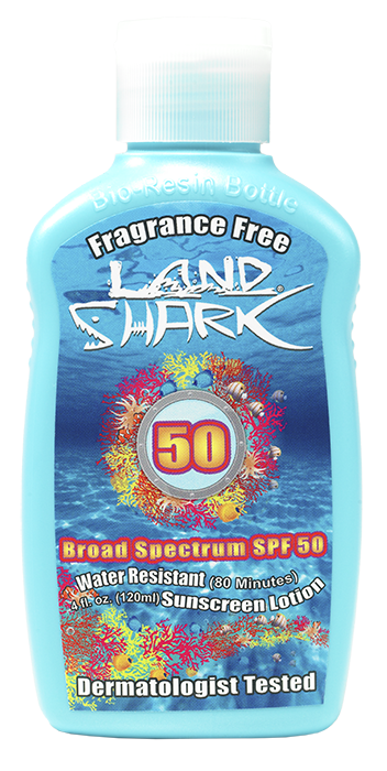 Land Shark® sunscreen UVA UVB Broad Spectrum Protection. Fragrance Free SPF Lotion. Sun protection. Sun Care. SPF 50. Dermatologist Tested. Oxybenzone Free. Octinoxate Free.