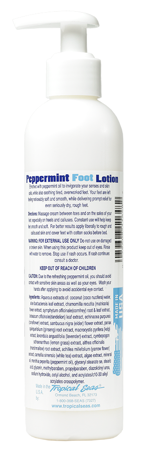 Daily use peppermint foot lotion.Pedicure in a bottle.Foot Moisturizing lotion.A treat for tired feet.Treat dry, rough heels and callouses on your toes and feet